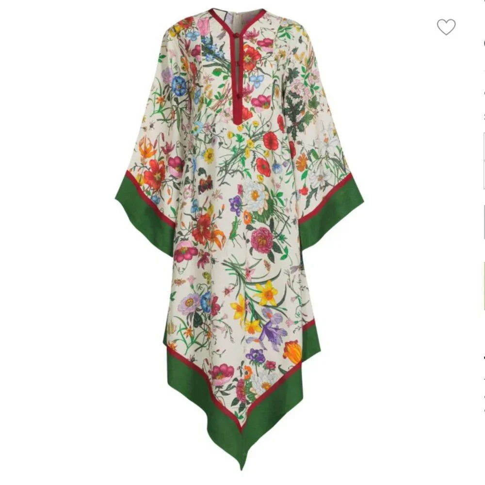 Authentic Gucci Ivory Grosgrain-trimmed paneled asymmetric floral Kaftan Dress